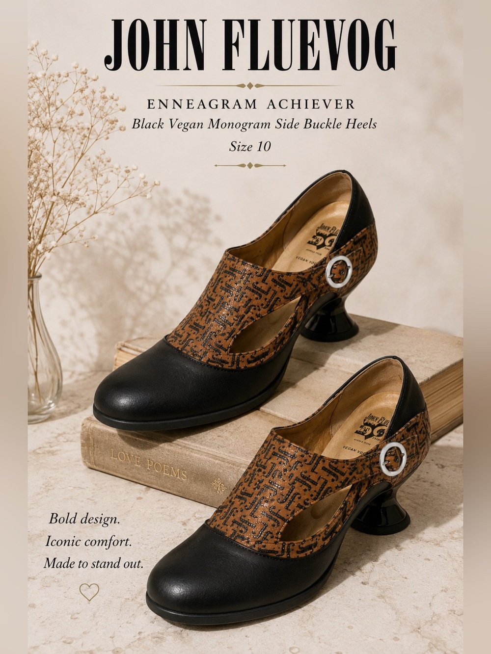 John Fluevog Enneagram Achiever Black Vegan Monogram Side Buckle Heels Size 10